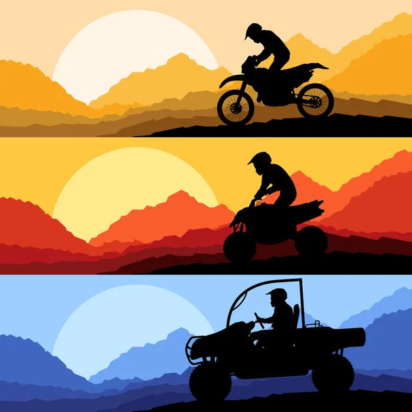 Todos os terrenos e esportes motociclistas silhuetas de motocicleta coleção de reflexão em paisagem montanhosa selvagem fundo ilustração vetor —  Vetores de Stock