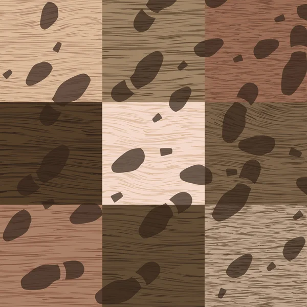 Huellas de hombre y mujer en madera detallada textura piso fondo ilustración vector — Vector de stock