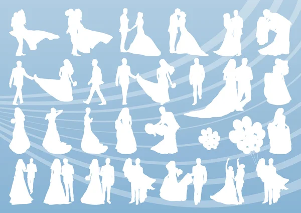 Bruid en bruidegom in bruiloft silhouetten illustratie collectie achtergrond vector — Stockvector