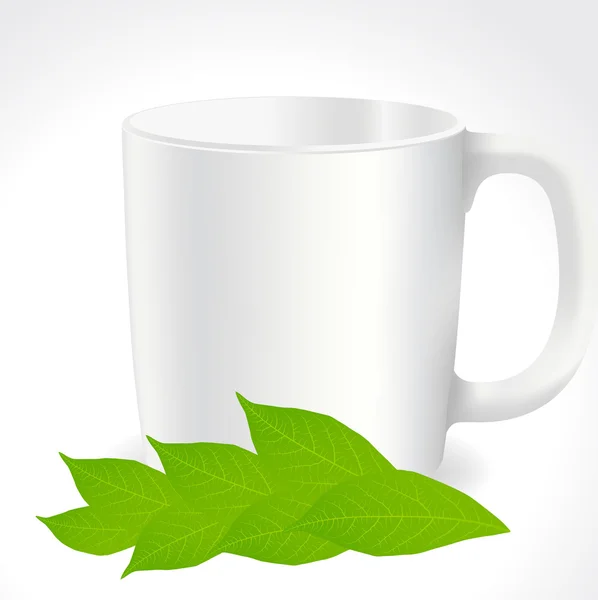 Hojas de té frescas y verdes sobre un fondo blanco con vector de taza — Vector de stock