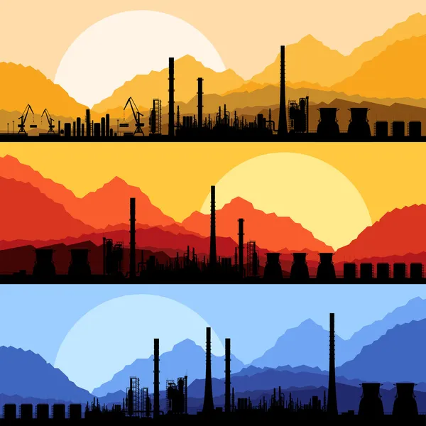 Industrial refinaria de petróleo fábrica paisagem ilustração coleção fundo vetor —  Vetores de Stock
