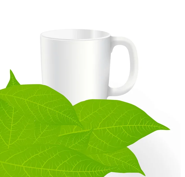 Hojas de té frescas y verdes sobre un fondo blanco con vector de taza — Vector de stock