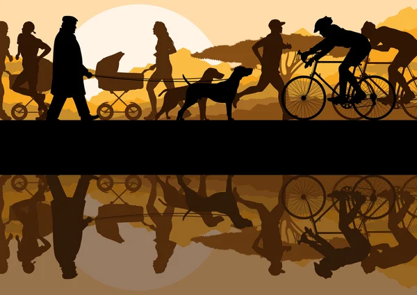 Піші прогулянки, біг і їзда на велосипеді в природному парку пейзажний фон ілюстрація вектор — стоковий вектор