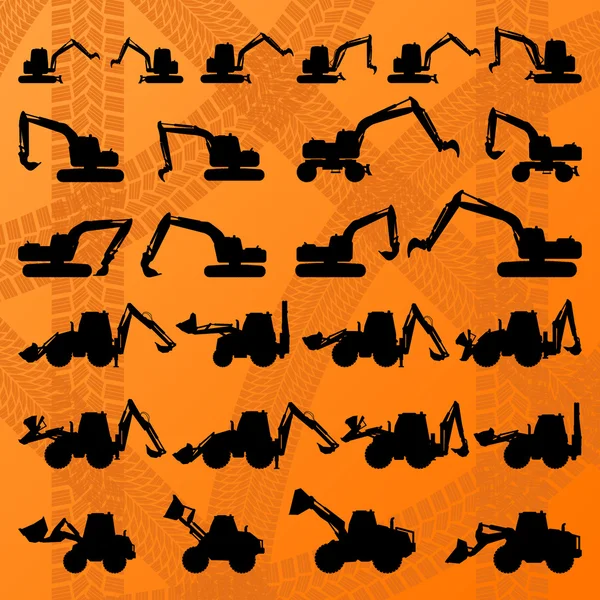 Chargeuses sur chantier machines détaillées modifiables silhouettes illustration collection fond vecteur — Image vectorielle