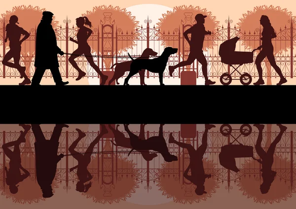 散步，跑步，骑自行车在旧复古城市公园景观背景图矢量 — 图库矢量图片