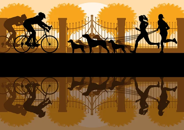 Promenader, löpning och cykling i gamla vintage city park landskap bakgrund illustration vektor — Stock vektor