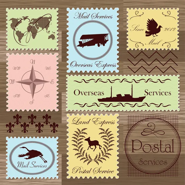 Винтажные почтовые марки и элементы иллюстрации — стоковый вектор