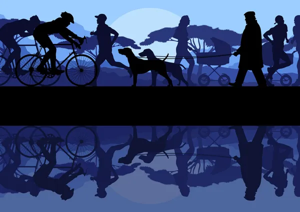 Caminar, correr y montar en bicicleta en el antiguo parque de la ciudad vintage paisaje fondo ilustración vector — Archivo Imágenes Vectoriales