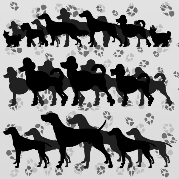 Dogs and dog footprints silhouettes illustration collection background vector — Stock Vector