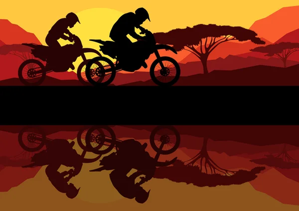 Sport motorkerékpár lovasok motorkerékpár sziluettek tükrözi a vadon élő hegyi táj háttér illusztráció vektor — Stock Vector