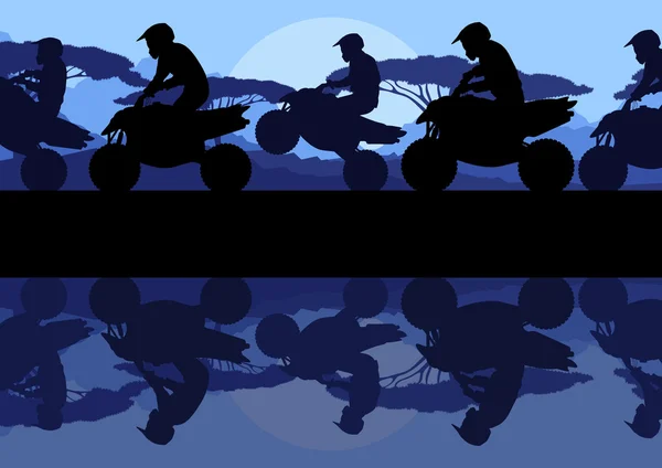 Όλους τους αναβάτες μοτοποδηλάτων αθλητισμού εδάφους μοτοσικλέτα σιλουέτες αντανάκλαση στο άγριο ορεινό τοπίο φόντο εικόνα διάνυσμα — Διανυσματικό Αρχείο