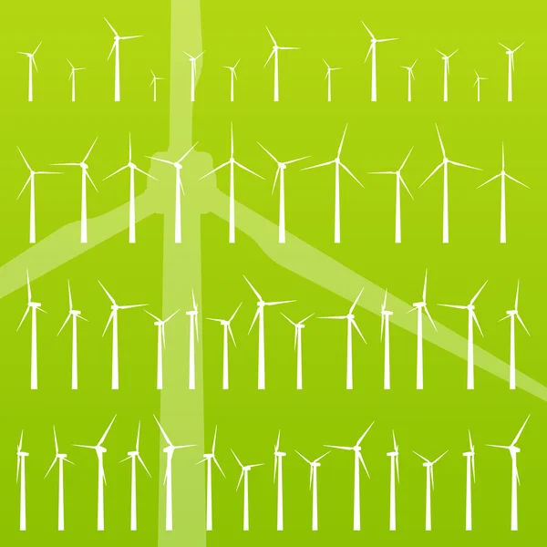 风力发电机和风车详细可编辑生态剪影图集合背景矢量 — 图库矢量图片