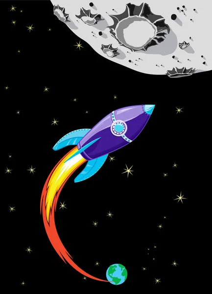 Nave espacial Retro Rocket a la Luna — Vector de stock