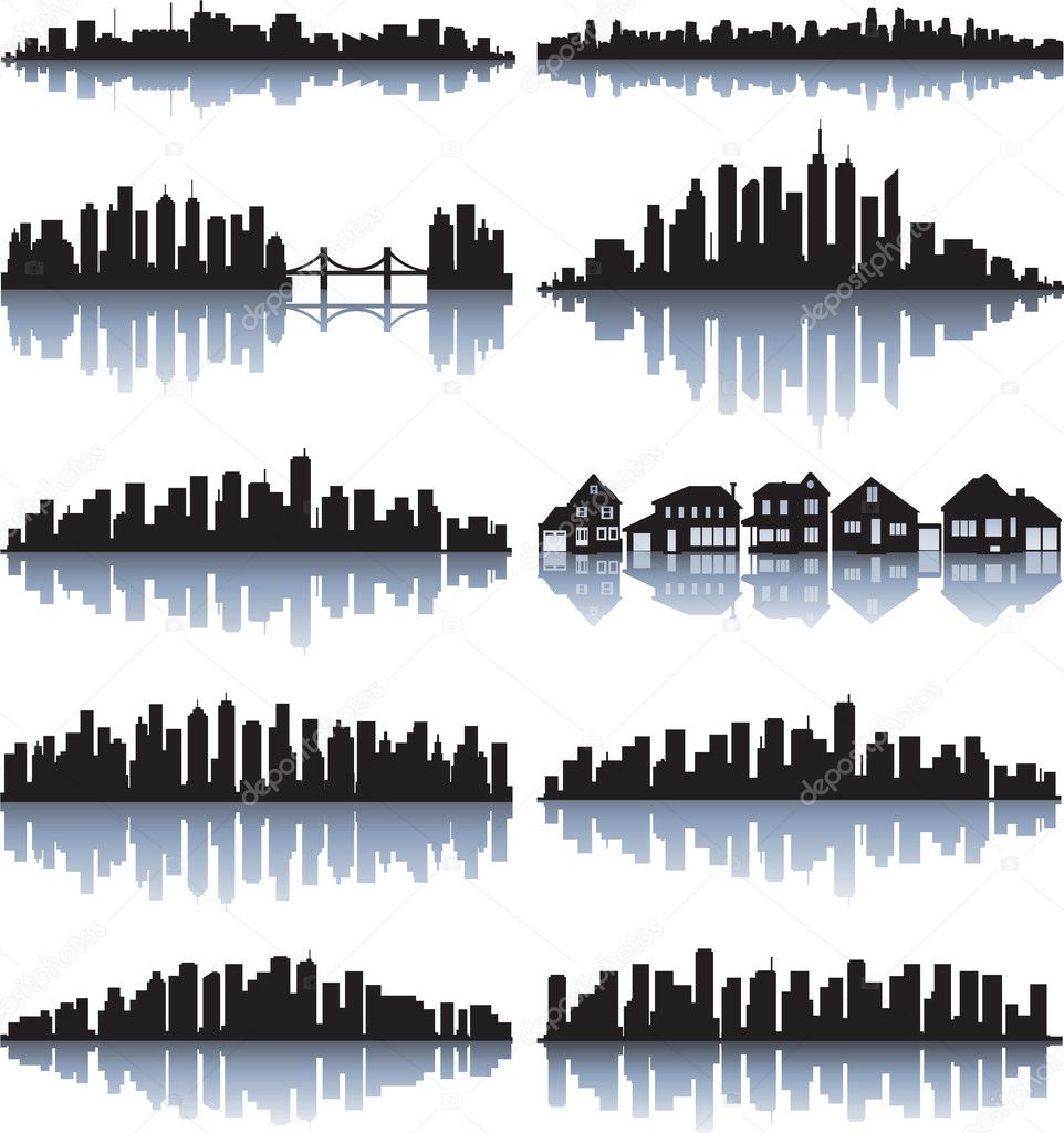 Set of detailed cities silhouette
