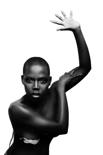 Black African young sexy fashion model studio portrait isolated in white — Stock Photo, Image