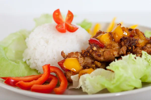 Fried pieces of pork with rice — Stock Photo, Image