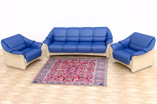 Interiér s modrou pohovkou a koberec — Stock fotografie