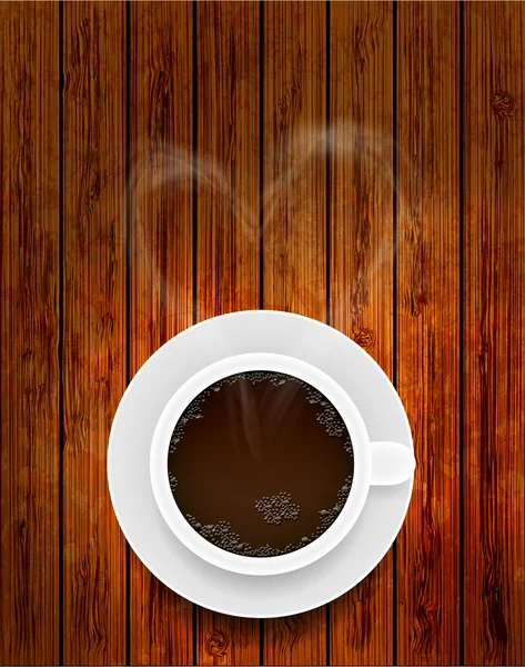 Taza de café vectorial sobre fondo de madera con humo en forma de corazón. Eps10 — Archivo Imágenes Vectoriales