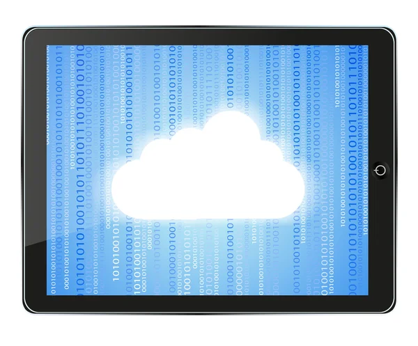 Vector realistic computer tablet with cloud on binary background isolated on white. Eps 10 — Stock Vector