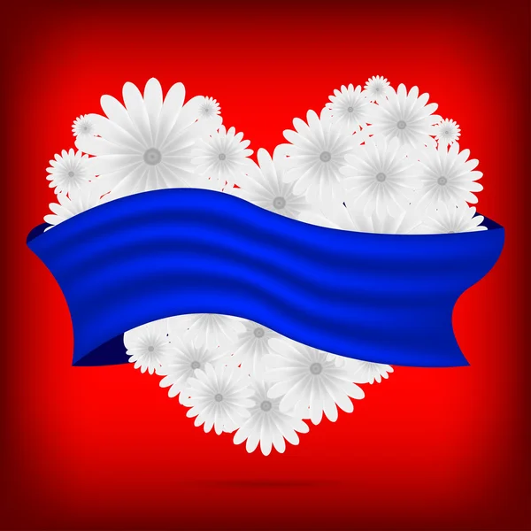 Δημιουργική καρδιά διάνυσμα των λουλουδιών με μπλε κορδέλα — Διανυσματικό Αρχείο