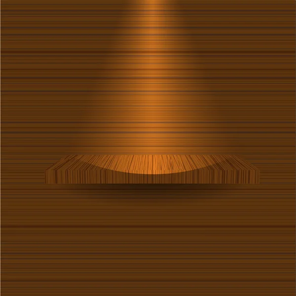 Estante de madera en la pared de madera. Ilustración vectorial — Vector de stock