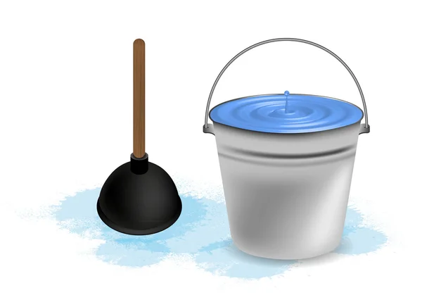 Bucket of water with plunger. Vector illustration — Stock Vector