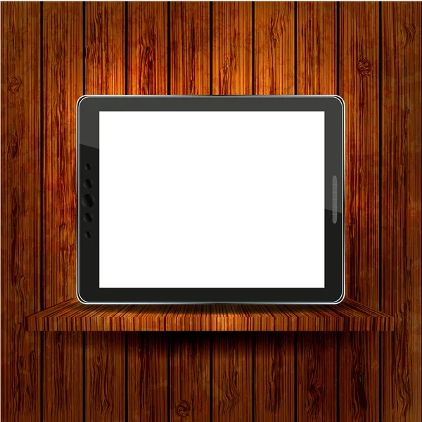 Tableta de computadora vectorial en estantes de madera . — Vector de stock