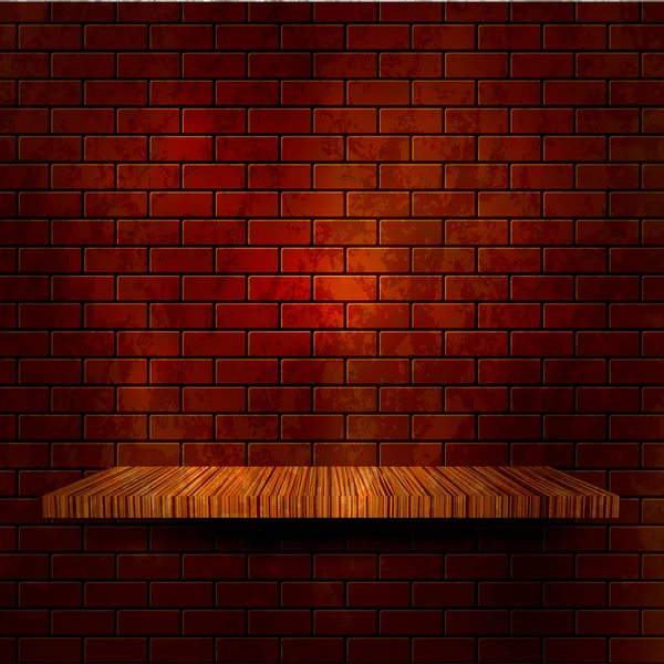 Étagère en bois avec mur de briques. Illustration vectorielle — Image vectorielle