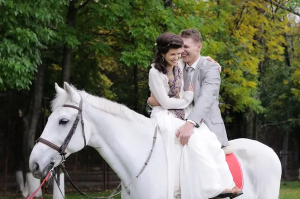 Mariée et marié sur un cheval — Photo