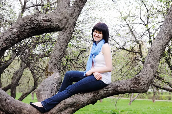 Bir ağaç üzerinde oturan kız — Stok fotoğraf