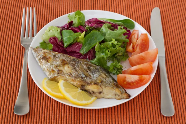Pesce spada alla griglia con insalata sul piatto — Foto Stock