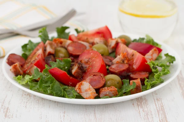 Salad with meat and olives on the plate — Stock Photo, Image