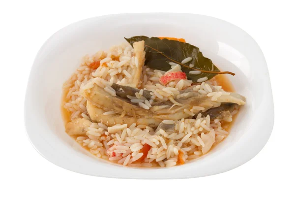 Ryż z rybą na białym talerzu — Zdjęcie stockowe
