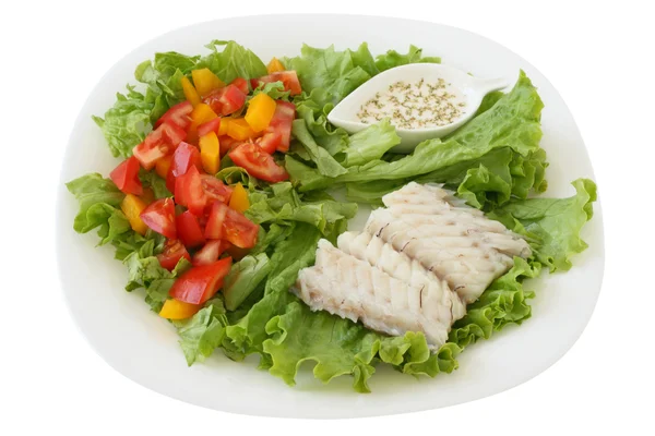 Boiled codfish with salad — Stock Photo, Image