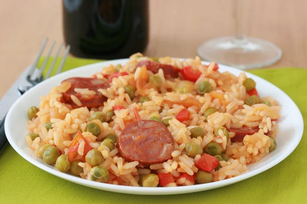 Rice with cut sausage on the plate — Stock Photo, Image