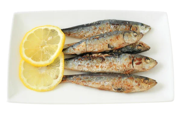 Fried sardines with lemon — Stock Photo, Image