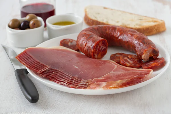 Sausages and prosciutto on the plate — Stock Photo, Image