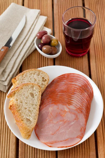 Ham with bread on the plate — Stock Photo, Image