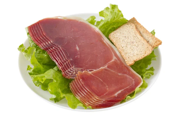 Prosciutto with toasts on the plate — Stock Photo, Image