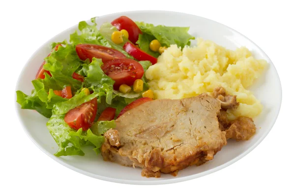 Schweinefleisch mit Kartoffelpüree und Salat — Stockfoto