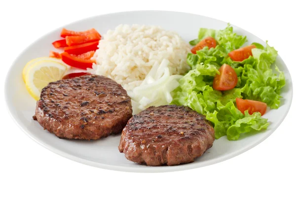 Hamburger z grilla z ryżem i surówką — Zdjęcie stockowe