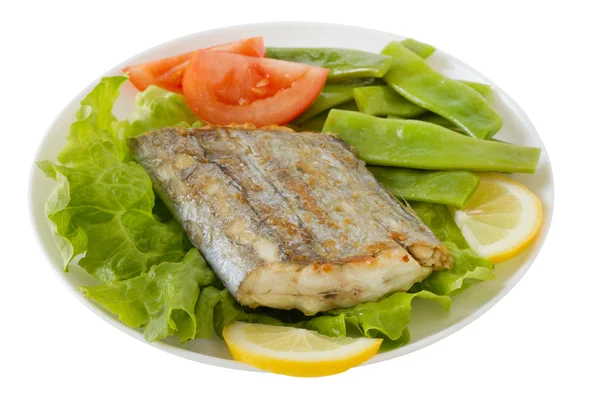 Fried swordfish with salad and green beans — Stock Photo, Image