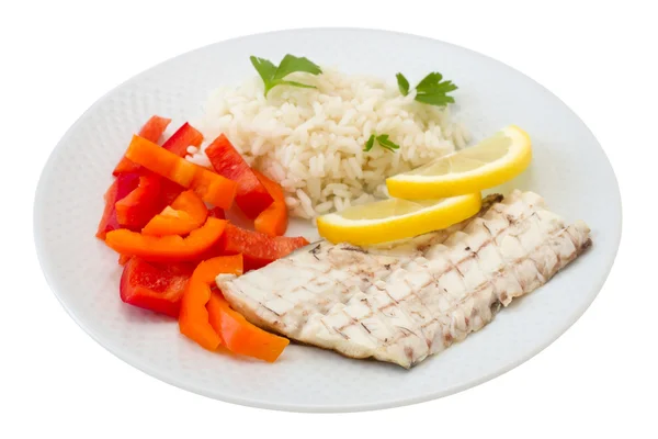 Fish with boiled rice, lemon and red pepper — Stock Photo, Image