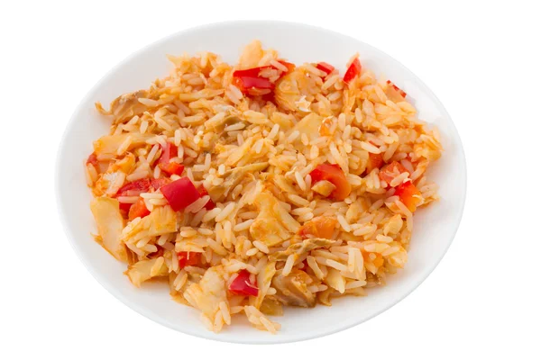 Ryż z dorsza i warzyw na talerzu — Zdjęcie stockowe