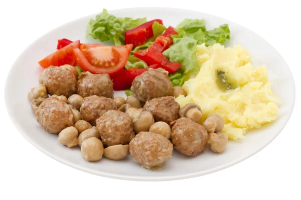 Meatballs with mushrooms, mashed potato and salad — Stock Photo, Image