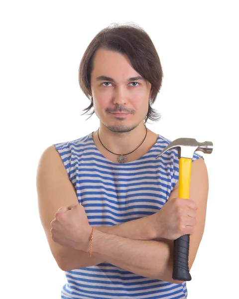 Knappe man met hamer. geïsoleerd op witte achtergrond — Stockfoto