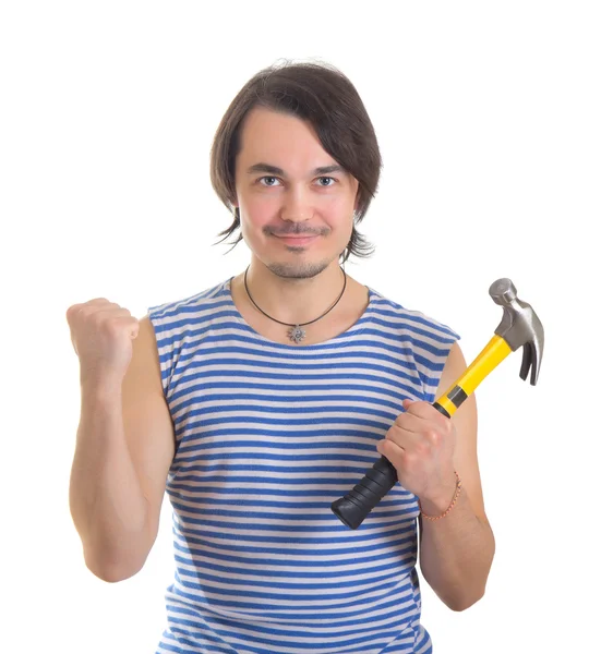 Handsome man with hammer. Isolated on white background — Stock Photo, Image