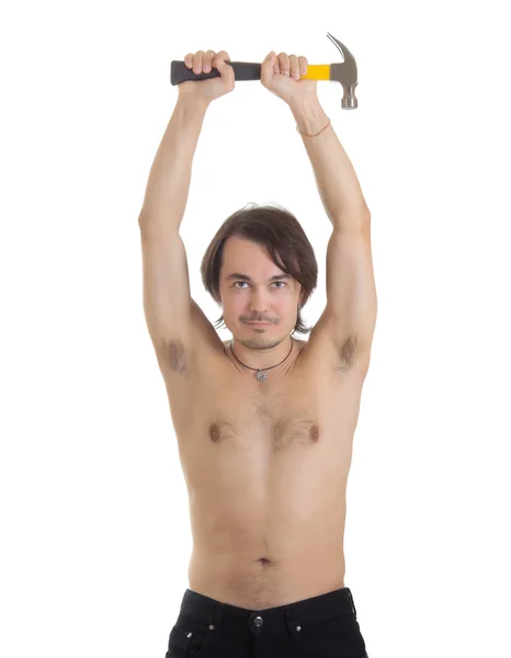 Hombre guapo en topless con martillo. Aislado sobre fondo blanco —  Fotos de Stock