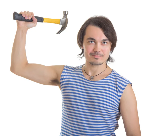 Knappe man met hamer. geïsoleerd op witte achtergrond — Stockfoto