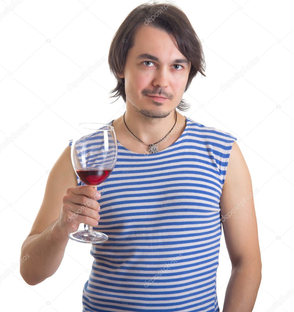 Man holding a glass of wine, isolated on white background